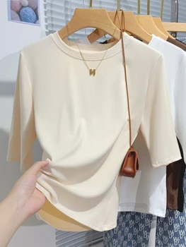 AOSSVIAO 2025 الصيف 100% القطن المرأة تي شيرت قاع الأساسية طاقم الرقبة المألوف الصلبة سيدة قصيرة الأكمام بلايز قمصان