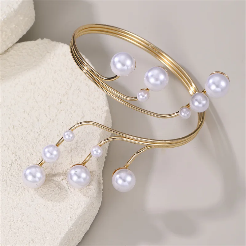 New Imitation Pearl Bracelets For Women Accessories Fashion Metal Geometry Cuff Bangles Statement Jewelry Gift
