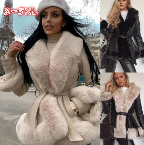 2025 Women's Casual Warm imitation Rabbit Hair Patchwork Leather Jacket Fashion Lapel Long Sleeve Belt Short Coat Winter New - Image 5