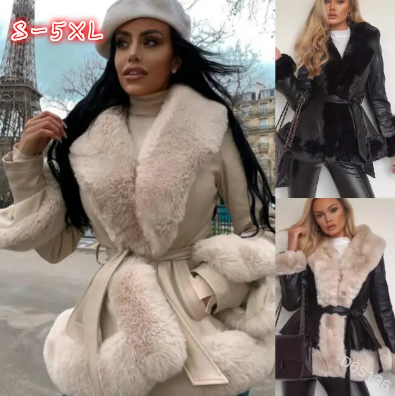 2025 Women's Casual Warm imitation Rabbit Hair Patchwork Leather Jacket Fashion Lapel Long Sleeve Belt Short Coat Winter New - Image 5