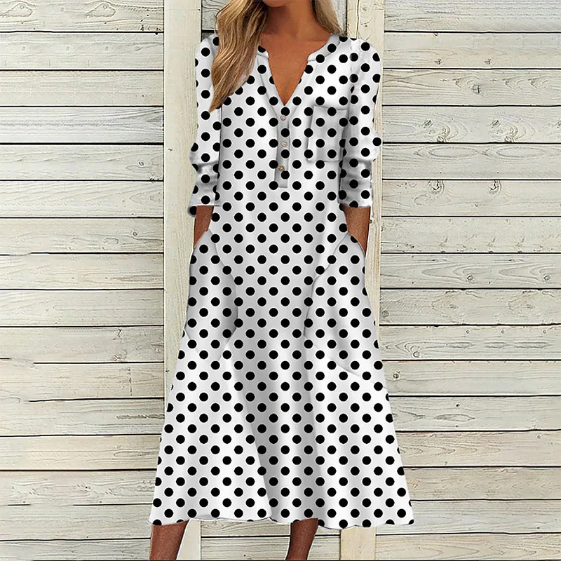 Elegant Chic V-Neck Office Lady Pockets Dresses For Women 2023 Women's Long Sleeve Buttons Pullovers Loose Dot Female Dress