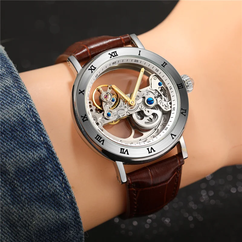 Forsining 208S Fashion Transparent Skeleton Mechanical Watch Men Leather Waterproof Luminous Hands Steampunk Automatic Watches images - 6