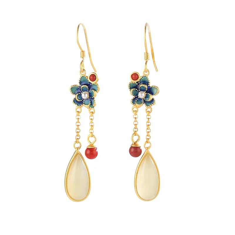 

ES327 ZFSILVER S925 Silver Korean Fashion Trendy Hetian Jade Cloisonne Waterdrop Earring Jewelry For Women Match-all Girls Gifts