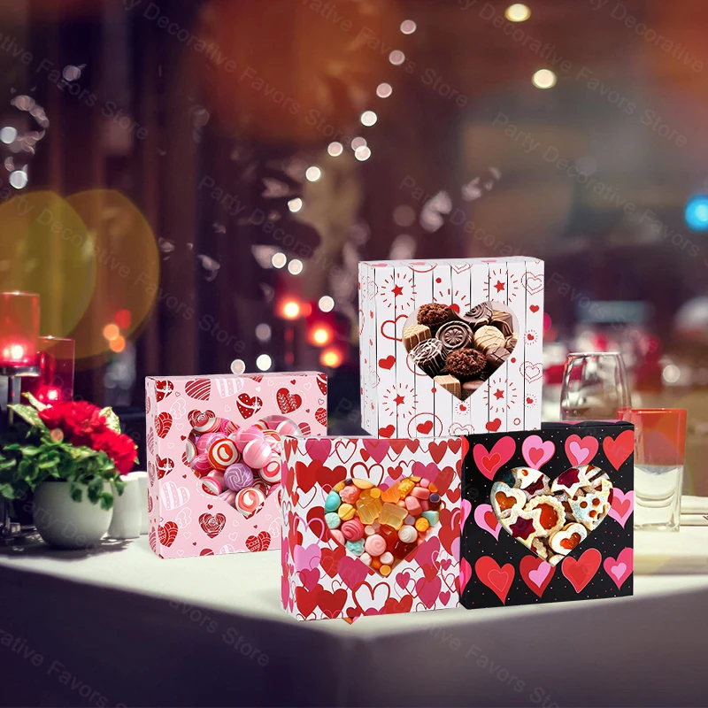 8pcs Love Heart Candy Gift Box with Window Valentines Day Chocolate Cookie Packaging Paper Boxes Wedding Birthday Party Supplies