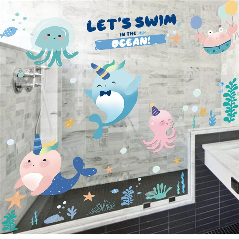 

Мультяшный дельфин, сложенный косплей, Настенная Наклейка для детской спальни, украшение для дома, сделай сам, ванная комната, роспись, искусство, ПВХ наклейки, Постер океана