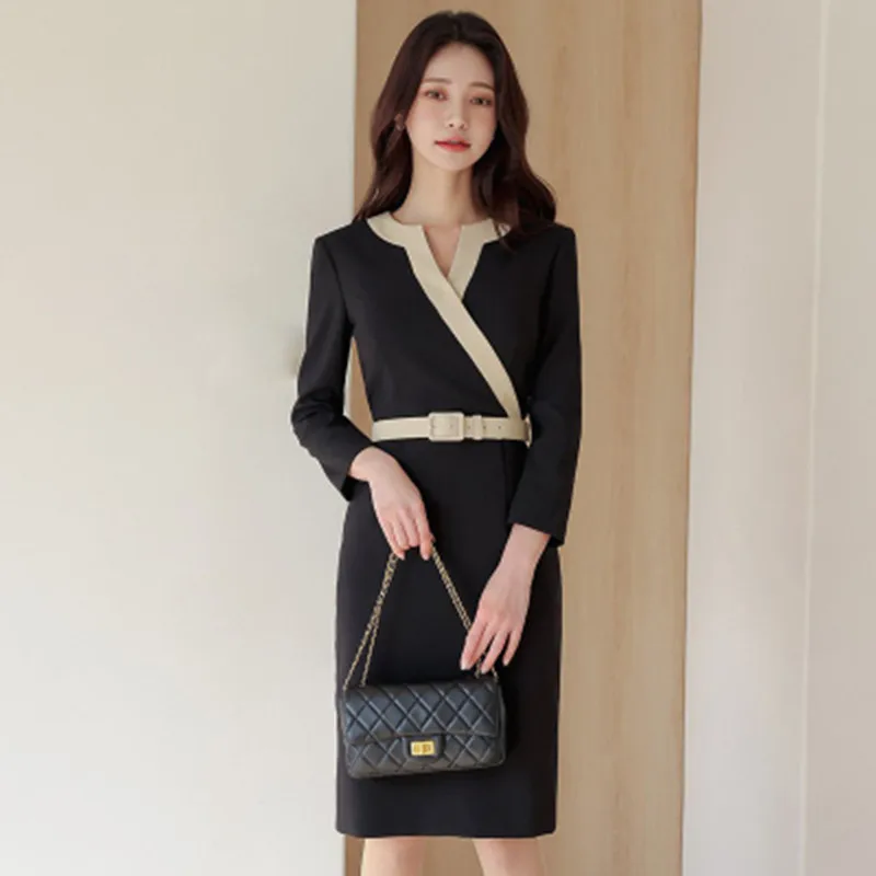 

2024 Autumn New Korean Version Temperament V Neck Slim Contrast Color Dresses Women's Fashionable professional Dress Vestidos