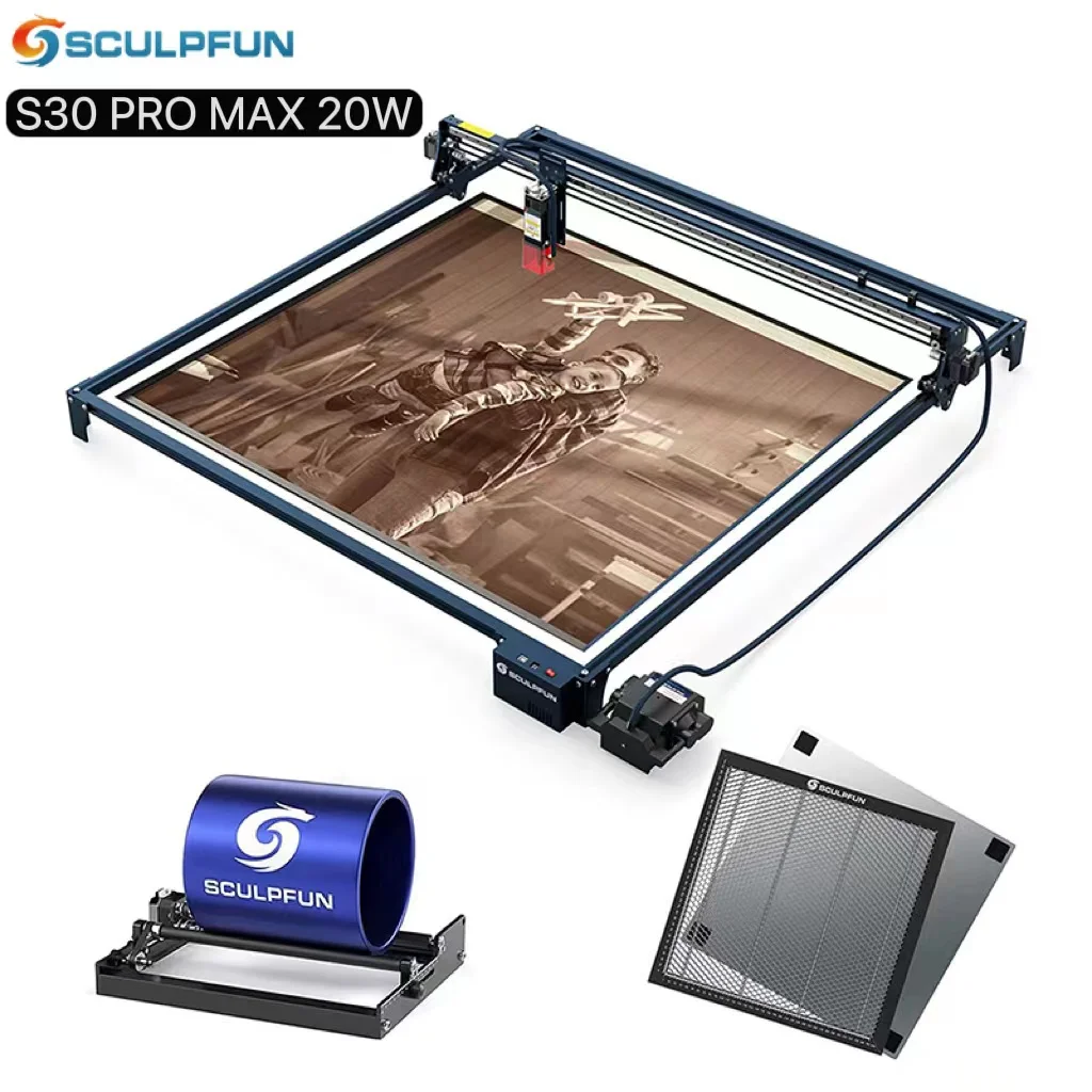 SCULPFUN S30 Pro Max 935x905mm 조각 영역 20W 레이저 모듈 절단, 자동 공기 보조 시스템 롤러 + 벌집 패널