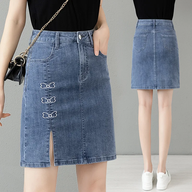

High Waist Elastic Denim Half Skirt Women 2023 Spring New Slim Solid Color High Elastic Buttock Lifting Slit A-Line Skirt Female