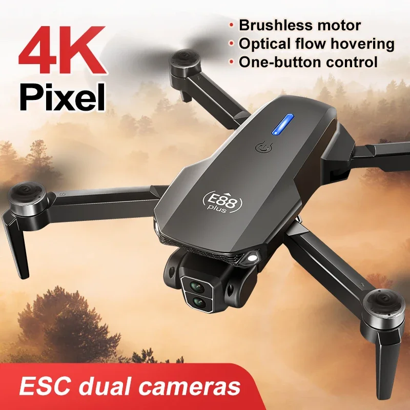 Vue de la caméra HD du Drone E88 Plus Noir inclinée à 90°, cadre noir élégant