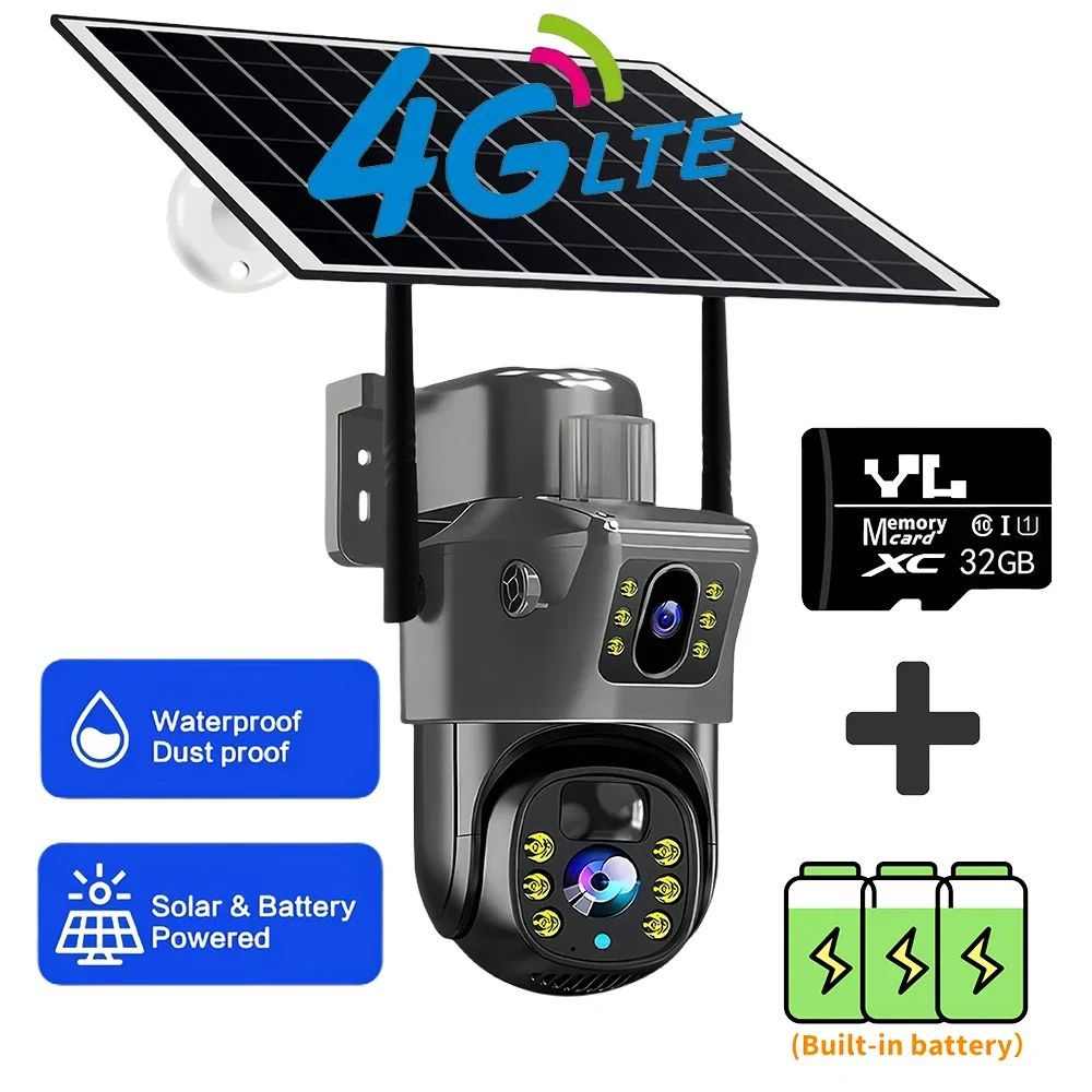 2026 Outdoor 4K 8MP Wireless Solar Camera 4G Sim Dual Lens Wifi IP PIR HD Night Vision Camera V380Pro PTZ Security CCTV Monitor 6