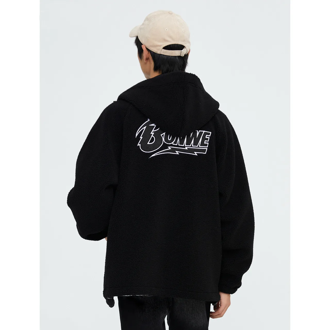 Metersbonwe Hooded Loose Lamb Wool Coat For Men Solid Color Back Printed Autumn Winter Warm Outwear