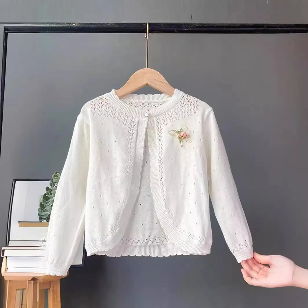 Girls Spring and Summer Knitted Waistoutwear Kids Thin Cut Out Outwear Baby Girl Summer Sun Protection Air-Conditioning Shirt Shawl