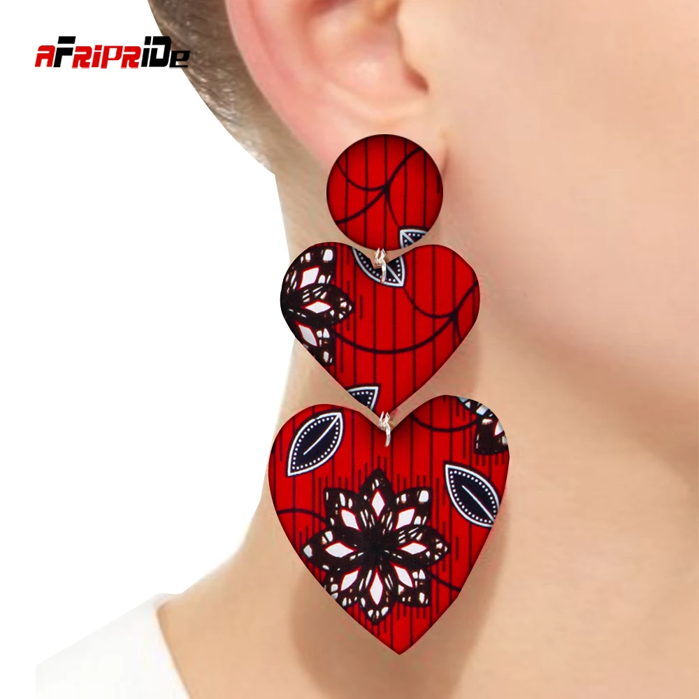 1 Pairs Dangle Heart Shape Earrings African Fabric Big Drop Earrings Handmade Earrings for Women Party Gift Print Ankara WYB657