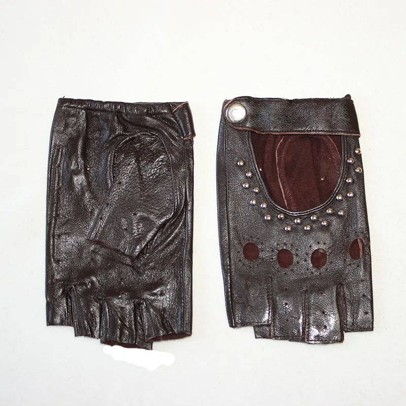 Leather Half Finger Gloves Women's Short Thin Section Unlined Spring and Autumn Motorcycle Riding Ladies Driving Fingerless