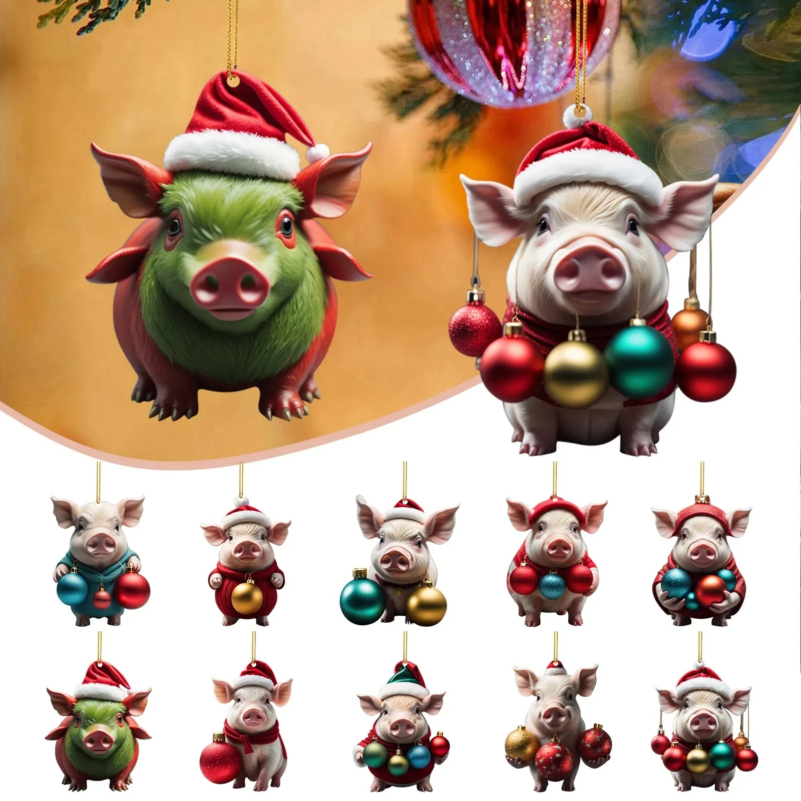 

2D Funny Cartoon Piggy Christmas Ornaments Panda With Color Balls Hanging Pendent Christmas Tree Decoration Home New Year Decor