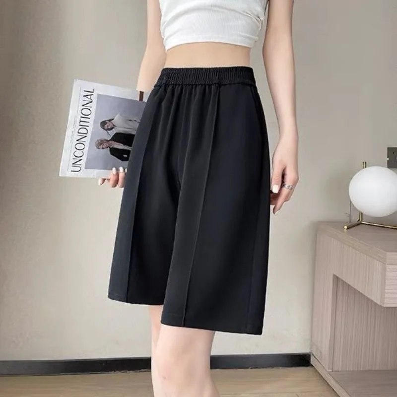 Summer Women's Clothing Solid Color Elastic High Waist Pockets Casual Trouser Suits Straight Cargo Chiffon Capri Pants Shorts