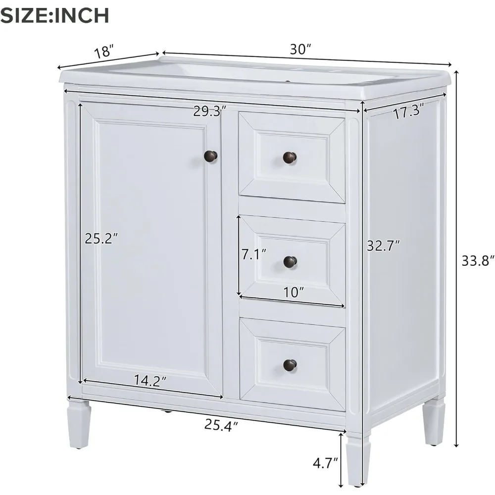 30" Bathroom Vanity with Sink,Freestanding Bathroom Vanity and Basin Sink Combo with Three Drawers and Two Door Shelves, (White) 3