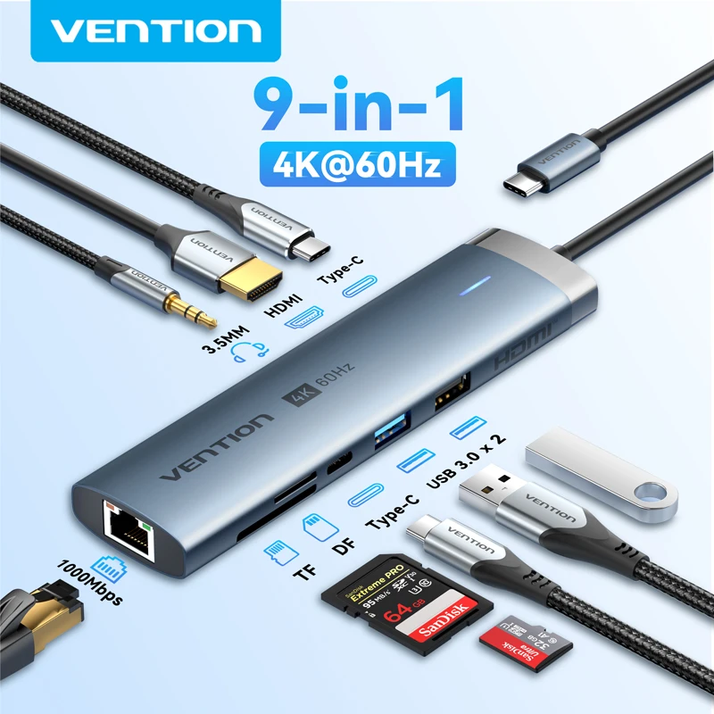 USB hub 4K60Hz USB C HUB HDMI adapter Type C to RJ45 Ethernet USB3.0 PD100W SD&TF for laptop MacBook Pro docking station