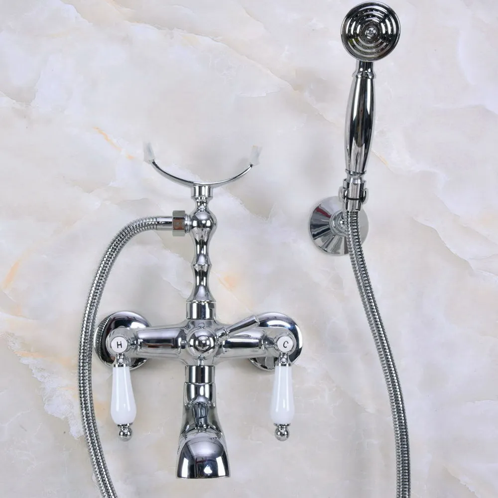 

Silver Chrome Brass Double Handle Wall Mounted Bathroom Bath Tub Faucet Set with 1500MM Hand Held Shower Spray Mixer Tap 2na237