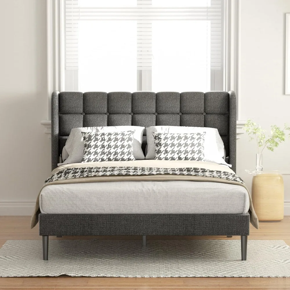 

Full Size Bed Frame with Upholstered Wingback Headboard, Modern Platform Bed Frame, Wooden Slats Support, No Box Spring Needed
