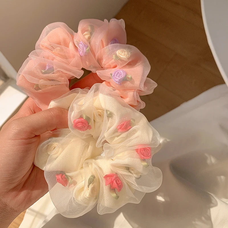 

Rose Flower Organza Premium Sense Large Intestine Hair Ring, Women's Mori Sweet Hair Rope Headdress Scrunchie