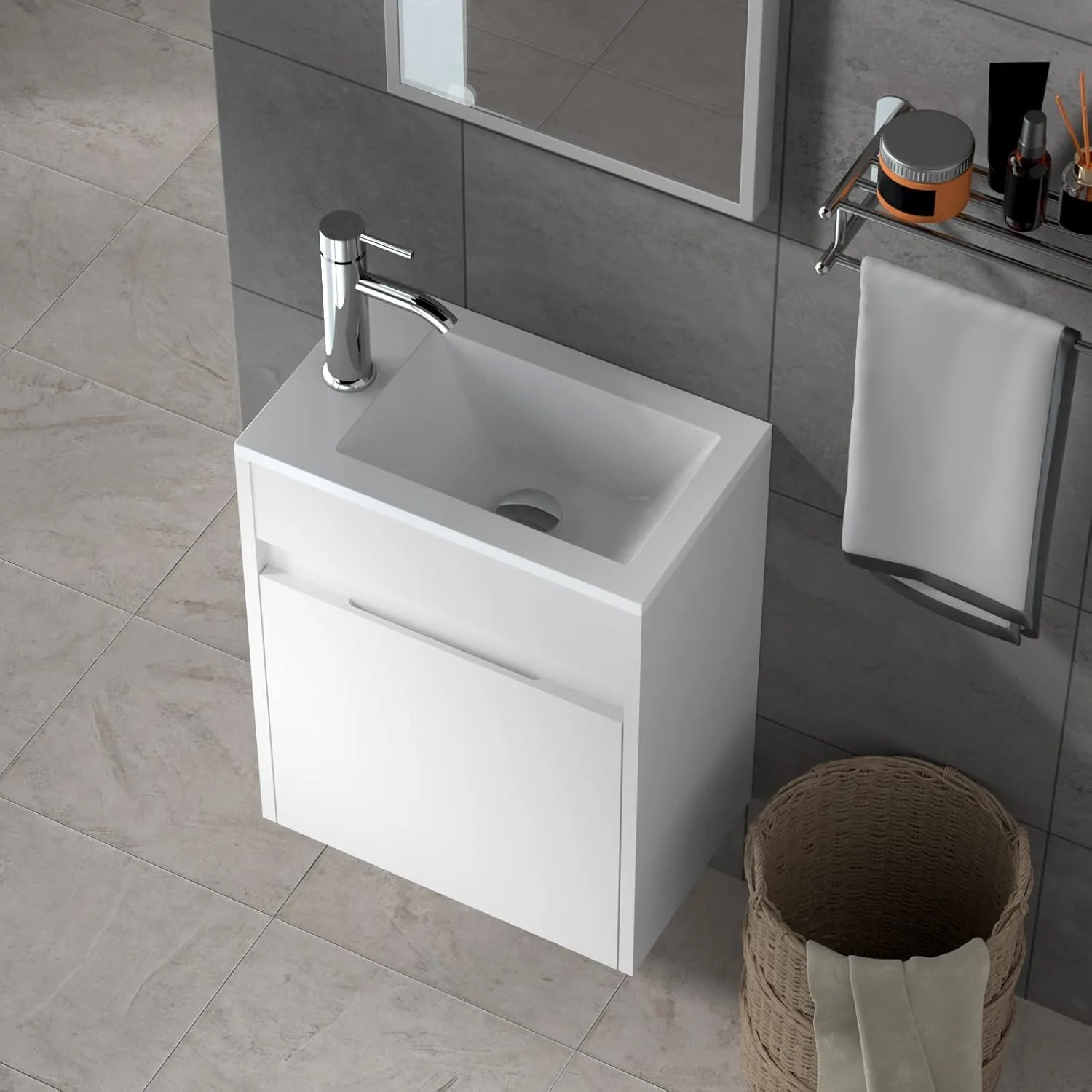 16"Small Bathroom Vanity Wall Mounted,White Small Bathroom Vanity with Ceramic Sink,Bathroom Vanity,Chrome Faucet P-Trap Include 4