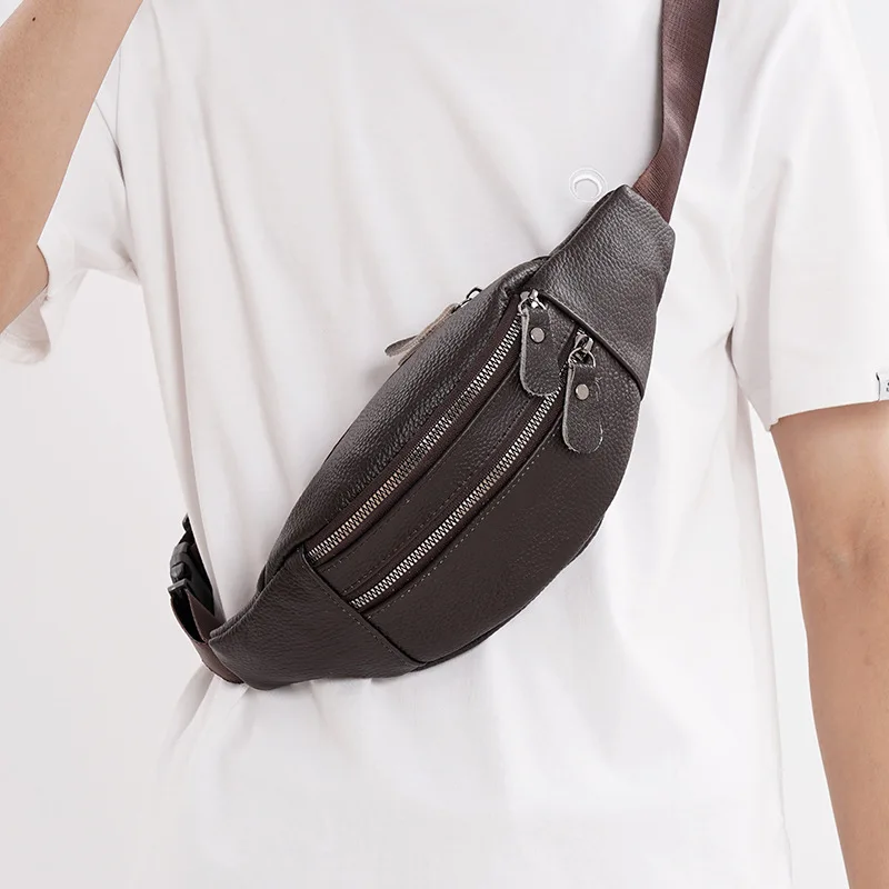 Men's Genuine Leather Fanny Waist Pack Large Capacity Man Cowhide Vintage Crossbody Chest Bag Sports Mobile Phone Waist Bag Male