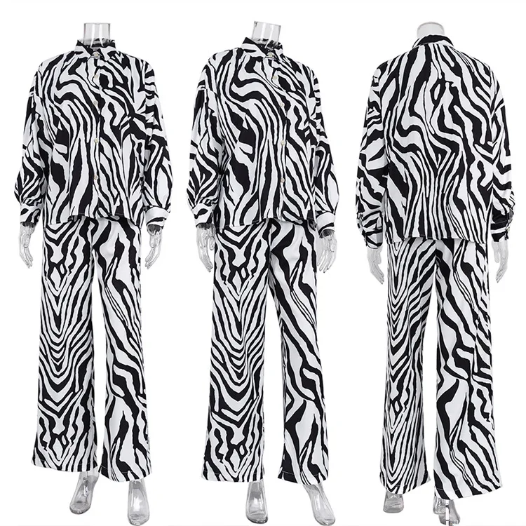 European and American Suit Black and White Striped Lapel Print Long-Sleeved Shirt Loose Trousers Two-Piece Set for Women
