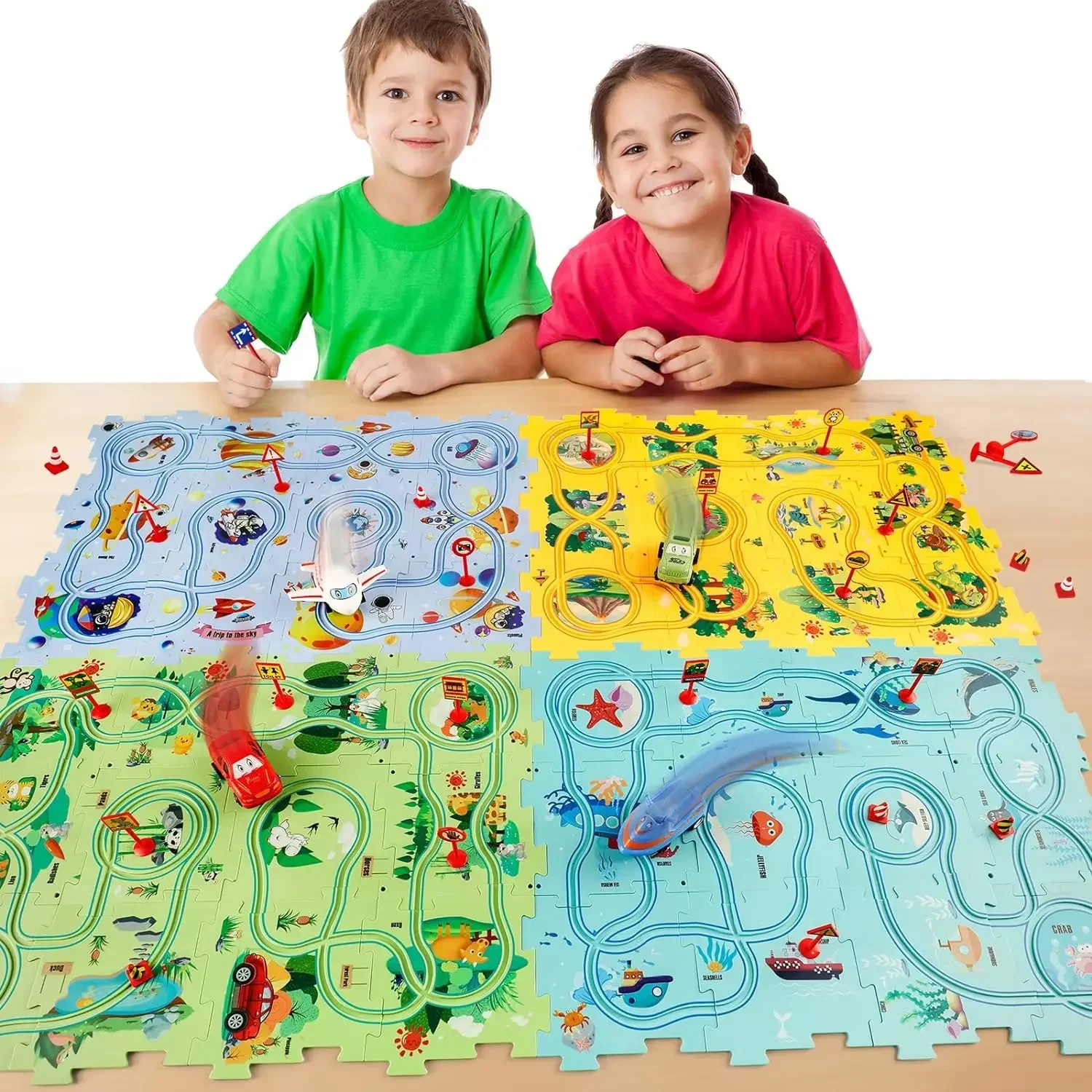 Trackmates Kids Car Track Set,Puzzle Racer Kids Car Track Set,Nukids Puzzle Racer Car Rail Set,Puzzle Track Cars Play Sets 4