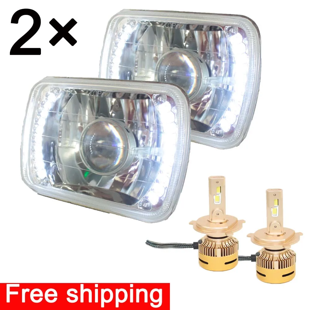 

Universal 7"X6" Diamond Cut Sealed Beam Projector Head Lights Lamps LH RH Chrome LED Bulb Include *2PCS