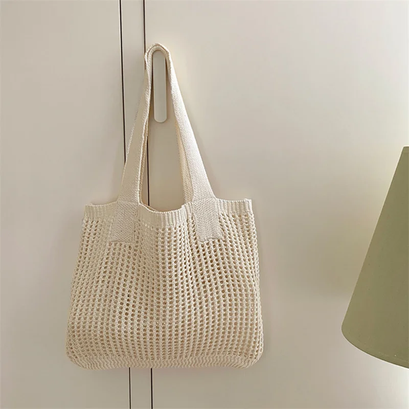 Retro Women's Knitted Shoulder Bag Large Capacity Woven Crochet Handbag Hollow Shopper Bag for Girls