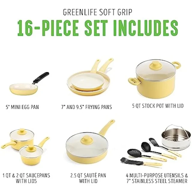 GreenLife Soft Grip Healthy Ceramic Nonstick 16 Piece Kitchen Cookware Pots  and Frying Sauce Saute Pans Set, - AliExpress