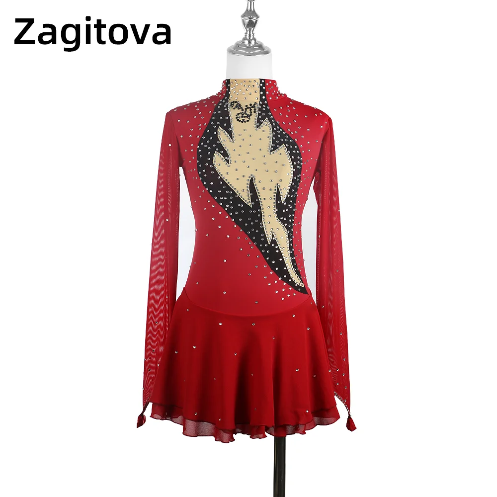 

Zagitova Figure Skating Dress For Women Girls Ice Skating Clothes Sleeveless Wine Red Nylon Splice With Beautiful Rhinestones