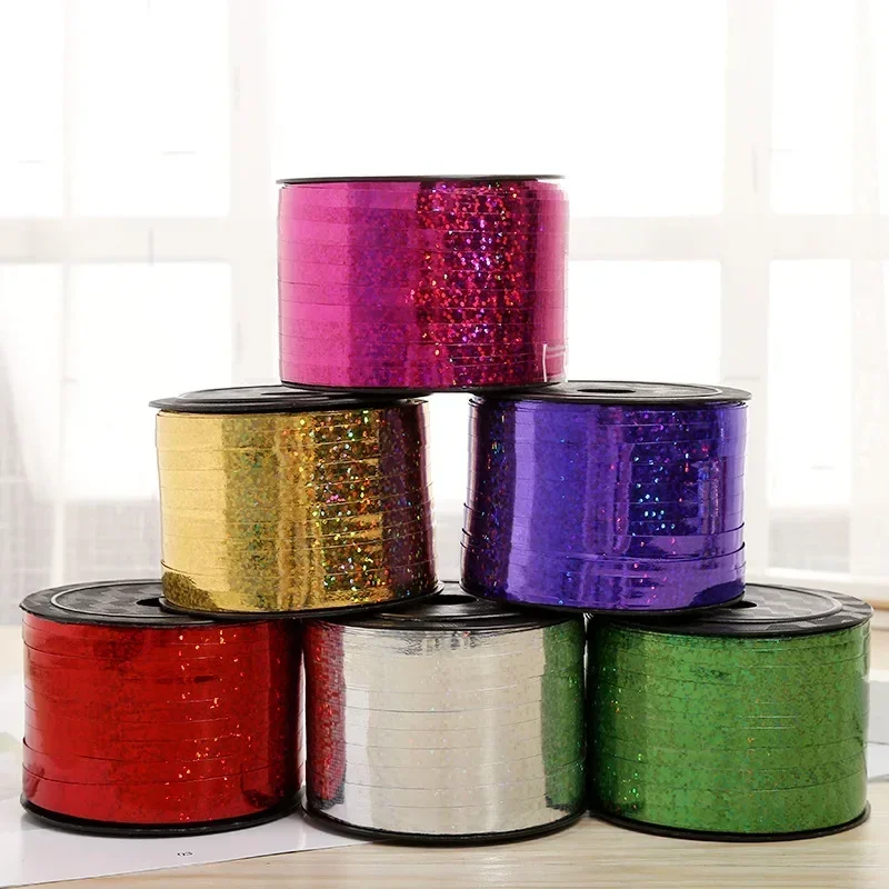 100Yards 5mm Laser Balloon Plastic Ribbon Satin Birthday Party Crafts Gift Wrapping Cake Christmas Wedding Decor Curly Ribbons