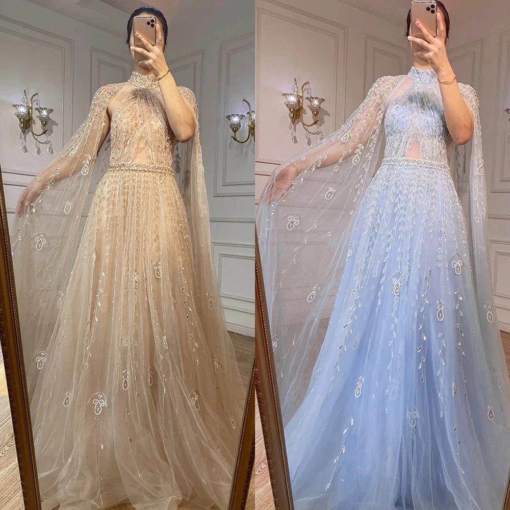 Serene Hill Dubai Arabic Luxury Nude A Line Beaded Evening Dresses With Cape Sleeves Gowns For Women  Wedding Party 2023 LA71803