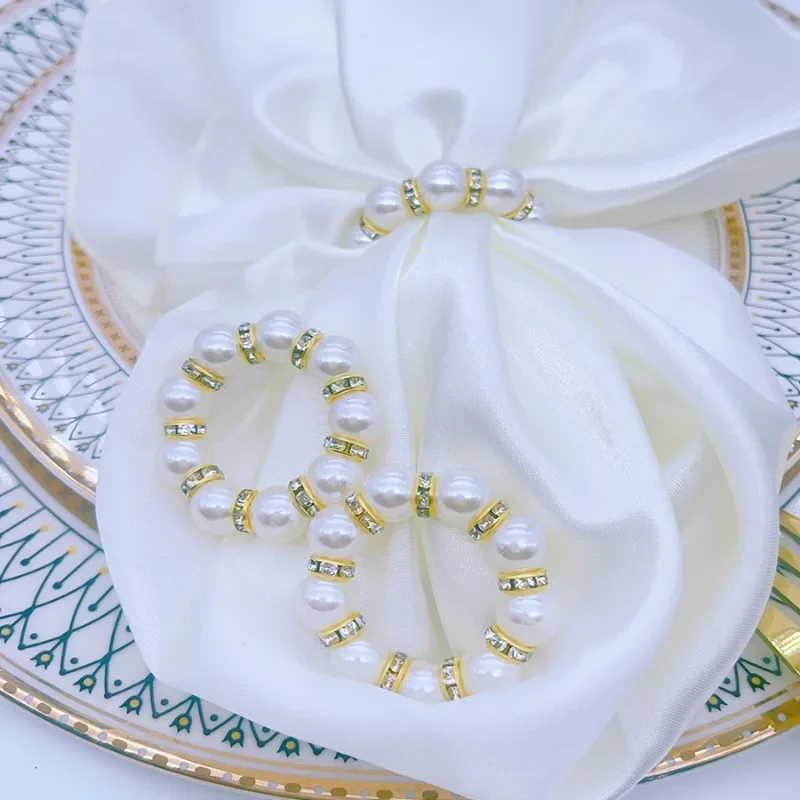 6Pcs Pearl Napkin Rings Golden Napkin Holder for Wedding Party Banquet Adornment Home Kitchen Dinnig Table Decoration