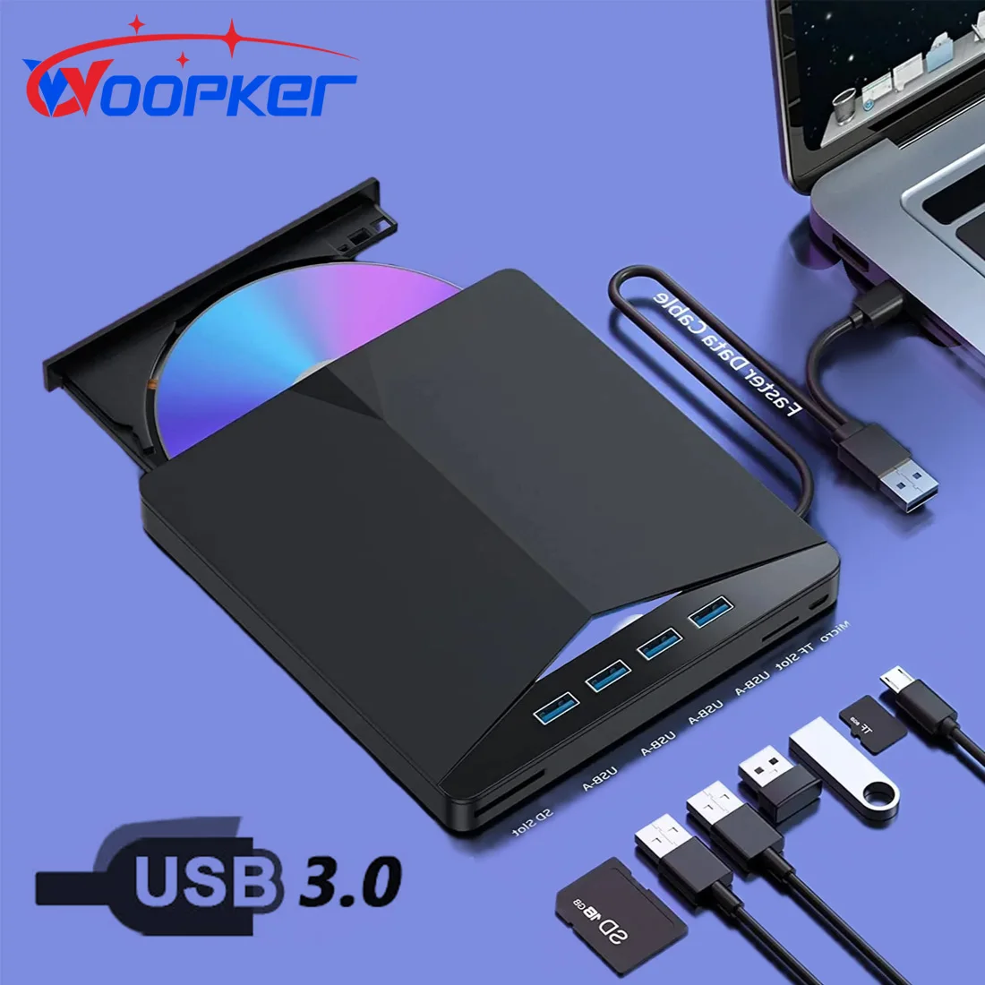 Woopker Multifunction DVD Player 7-in-1 USB3.0 Type-C External RW CD Disk Burner SD/TF Interface for Windows 11/Linux/Mac