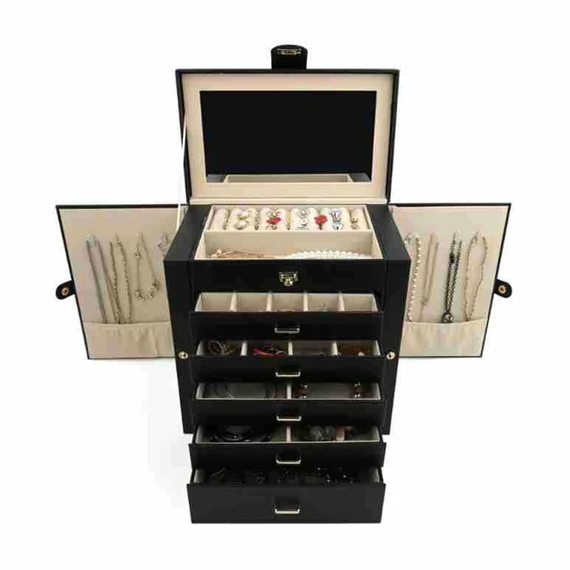 New Large Capacity 6 Layers Jewelry Box with Mirror Leather Earrings Rings Necklaces Jewelry Storage Box Organzers 5 Drawer Gift