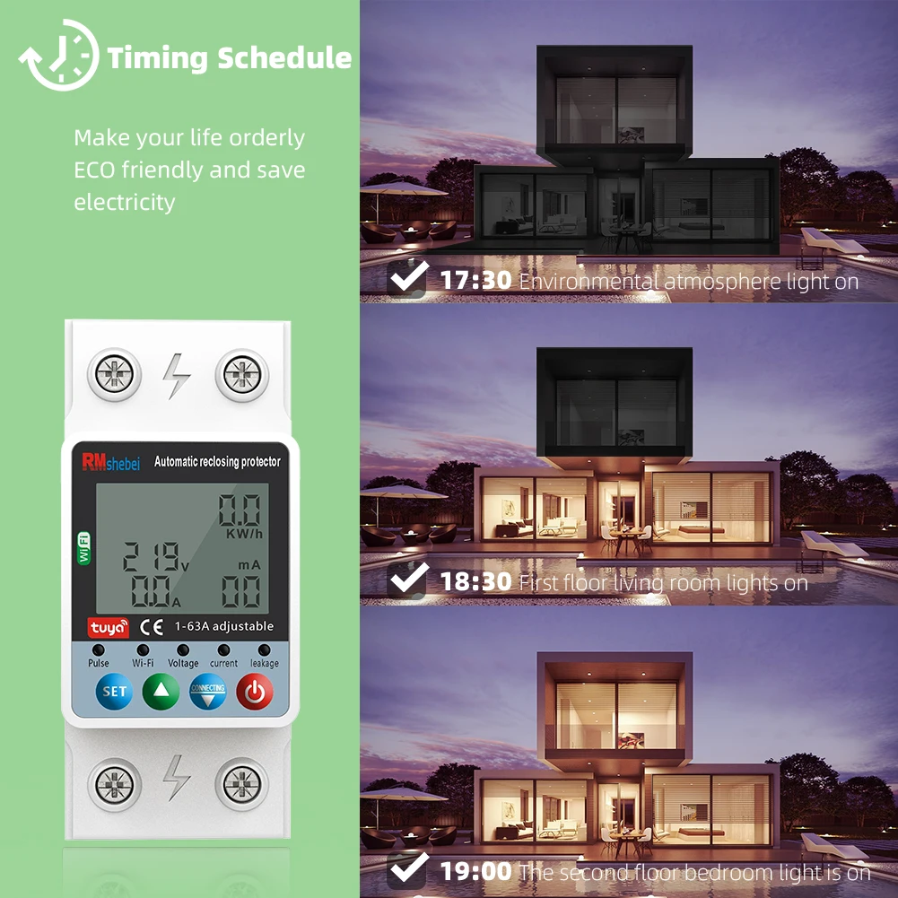 RMshebei Smartlife Wifi Circuit Breaker Measuring Tuya MCB Smart Electric Meter Kwh 63A Overload 110V220V Voltage Protector smart switch