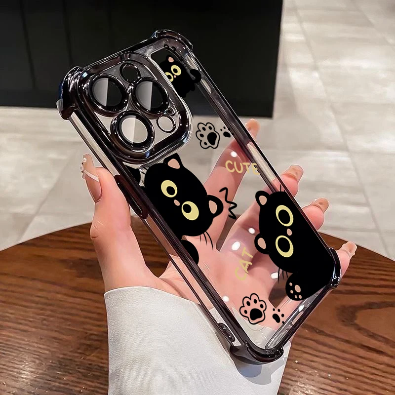 Fashion Plating Cartoon Black Cat Clear TPU Anti-Fall Phone Case