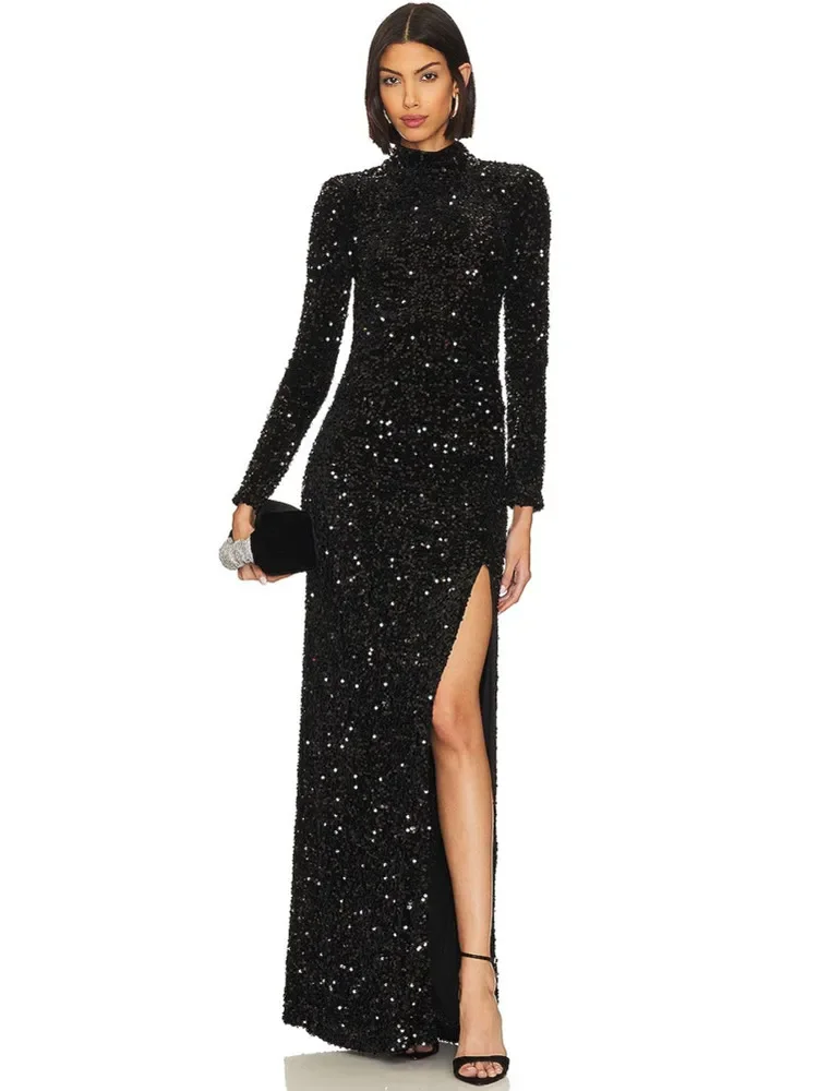 

Elegant Women Luxury Black Sequines Party Gowns High End Fashion Long Sleeve Turtleneck Split Long Celebrity Evening Dresses