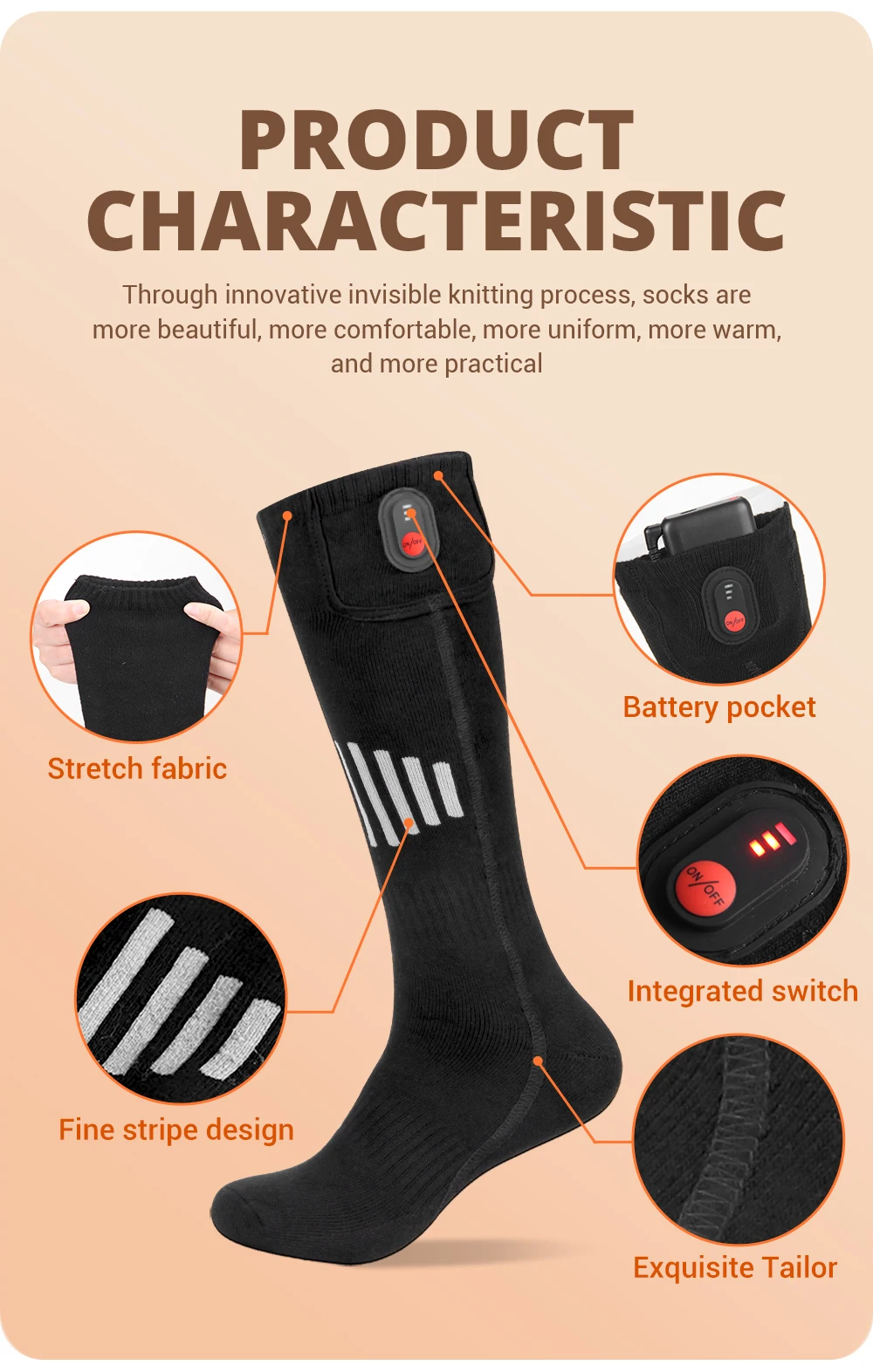 Electric sock provides toe warmth and foot warmth with built-in heaters.