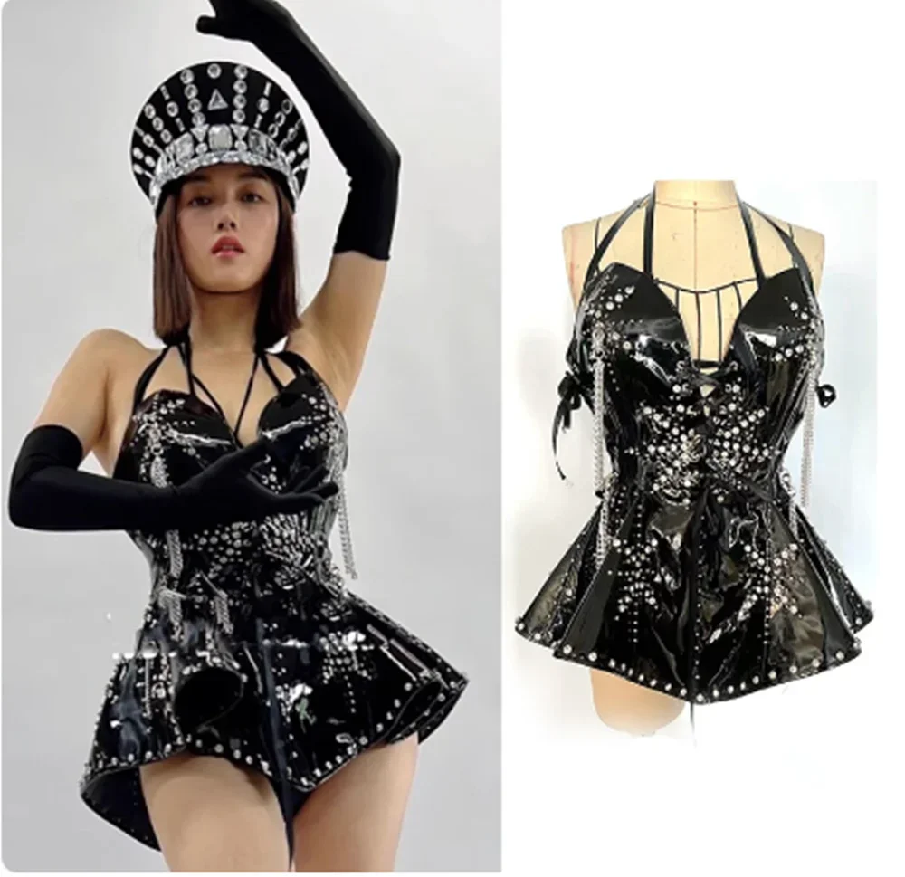 

Jazz Dance Clothes Nightclub Gogo Dancer Dj Ds Stage Wear Party Dresses Punk Rivet Sexy Backless Black Pu Leather Dress