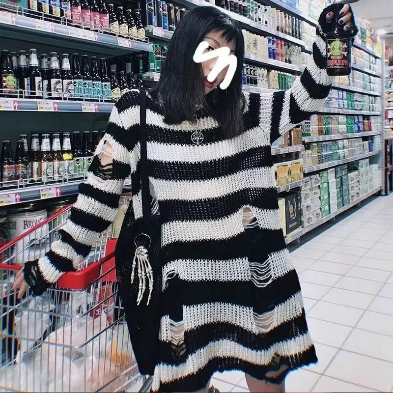 New Goth Punk Gothic Sweater Oversized Pullovers Women Striped Cool Hollow Out Hole Broken Jumper Harajuku Aesthetics Sweater 3
