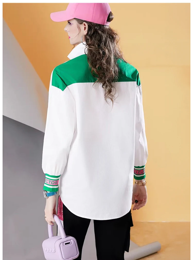 ربيع جديد جودة عالية 100% القطن المرأة طويلة الأكمام قميص فضفاض خياطة بلوزة غير رسمية للنساء