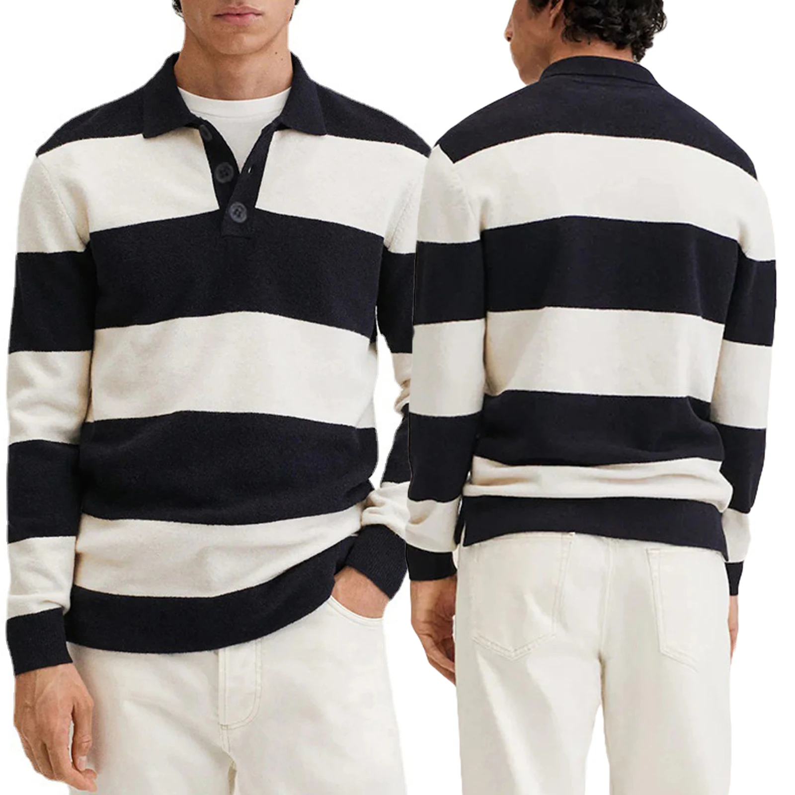 

Men's Spring Autumn Casual Knitwear Long Sleeve Lapel Button Down Striped Sweater