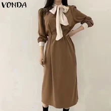 VONDA – robe de soirée style bohème pour femme, vêtement féminin surdimensionné à manches longues et encolure avec nœud papillon, taille haute, mode automne 