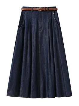 FIGOHR Women's Vintage Denim Midi Skirts High Waist A-Line Plain Pleated Thin Skirts for Women Denim Skirt (free belt gift) 1