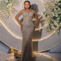 Luxury Mermaid Evening Dresses for Bride Wedding Reception Dress Sheer Neck Long Sleeve Sweep Train Diamond Second Bridal Gowns