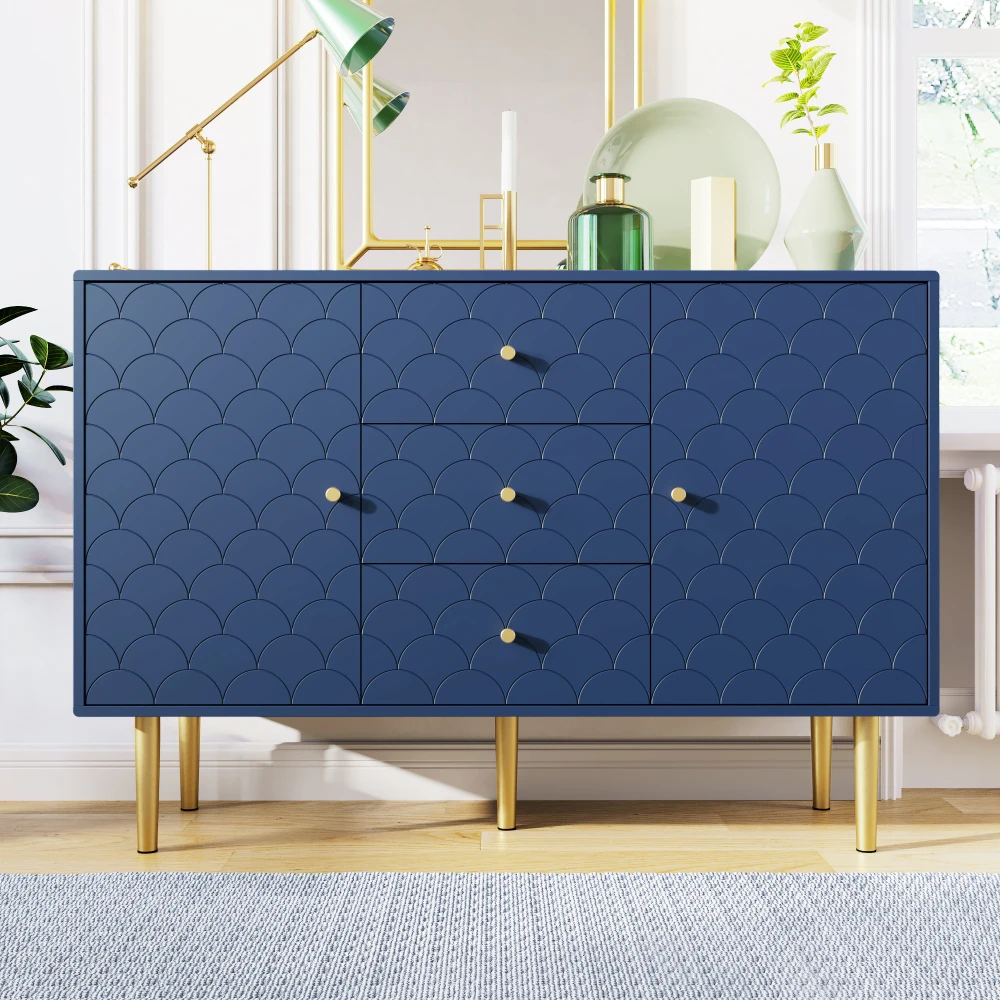 PINGGO Marineblaue Kommode mit 3 Schubladen, 2 Türen und verstellbarem Regal, Aufbewahrungsschrank für Wohnzimmer, Schlafzimmer, 120 x 40 x 83 cm – Detail 1